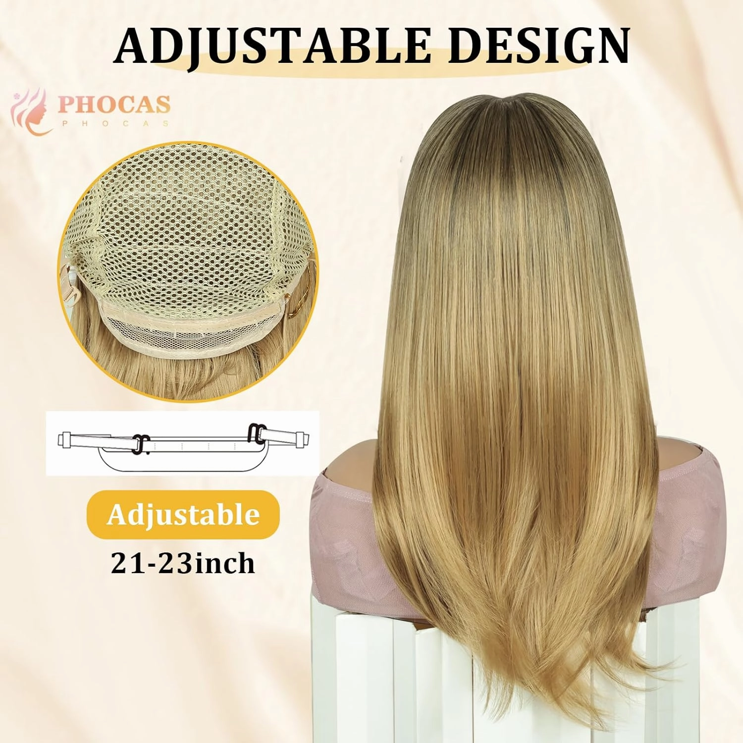 PHOCAS Long Wavy Blonde Wig with Bangs Black Mixed Blonde Long Hair Wigs for Women 20''/50cm