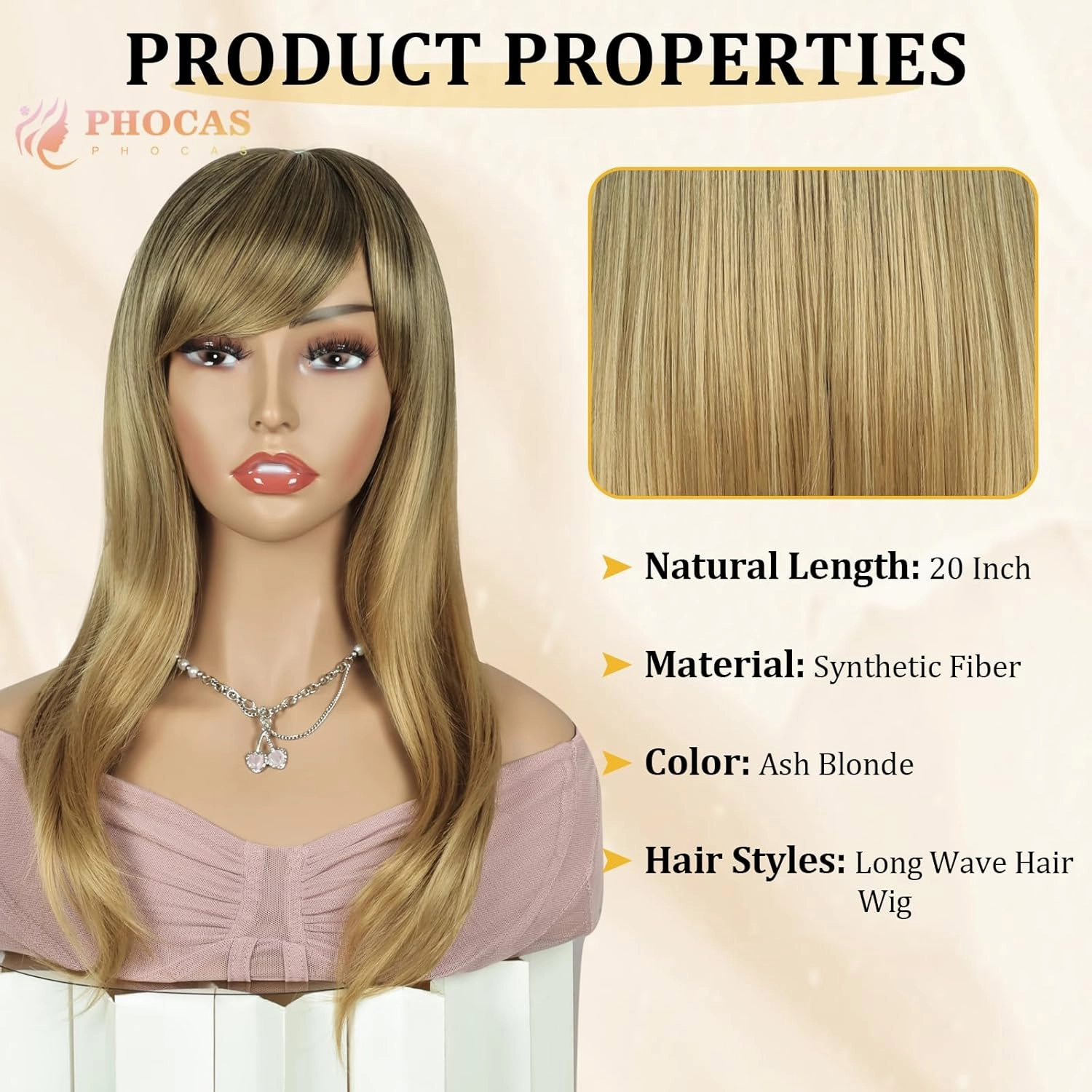 PHOCAS Long Wavy Blonde Wig with Bangs Black Mixed Blonde Long Hair Wigs for Women 20''/50cm
