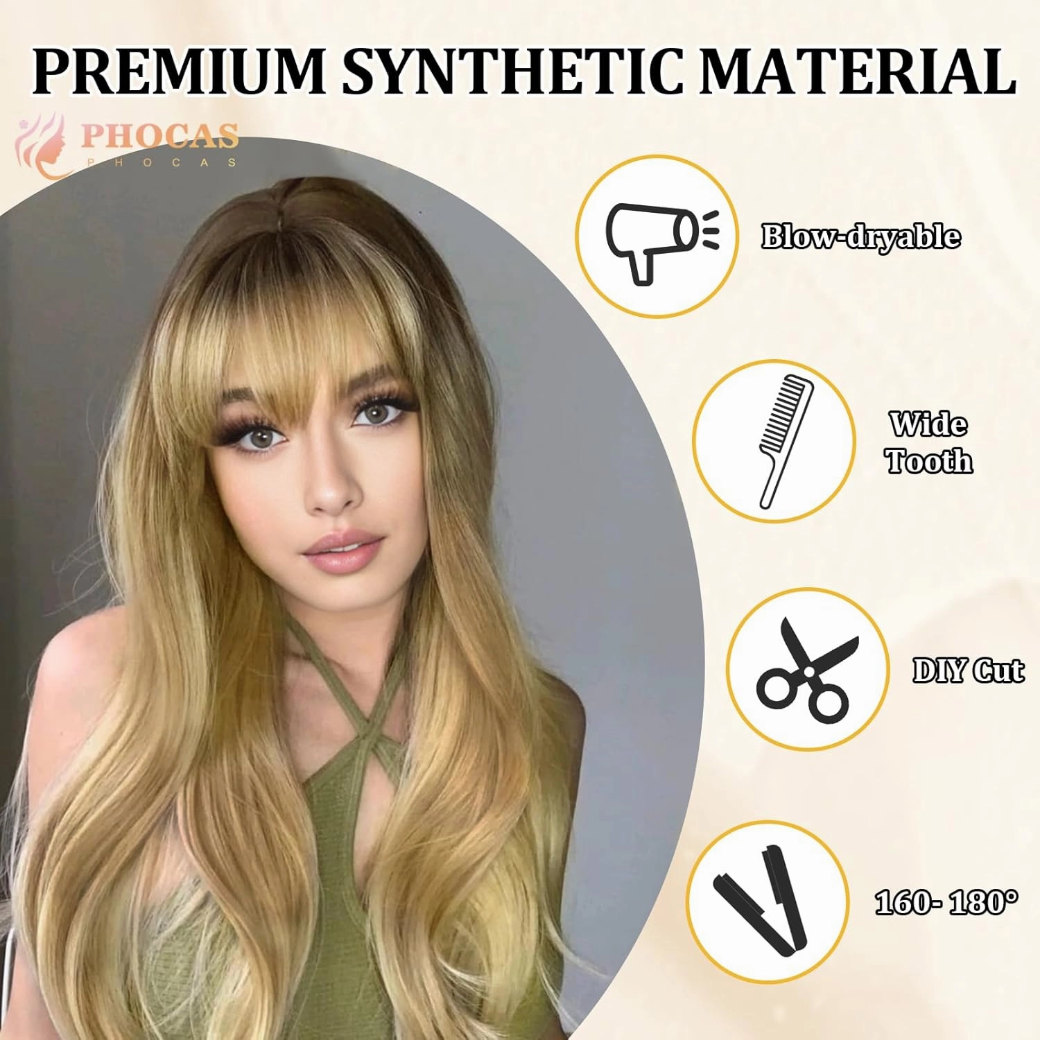 PHOCAS Long Wavy Blonde Wig with Bangs Black Mixed Blonde Long Hair Wigs for Women 20''/50cm