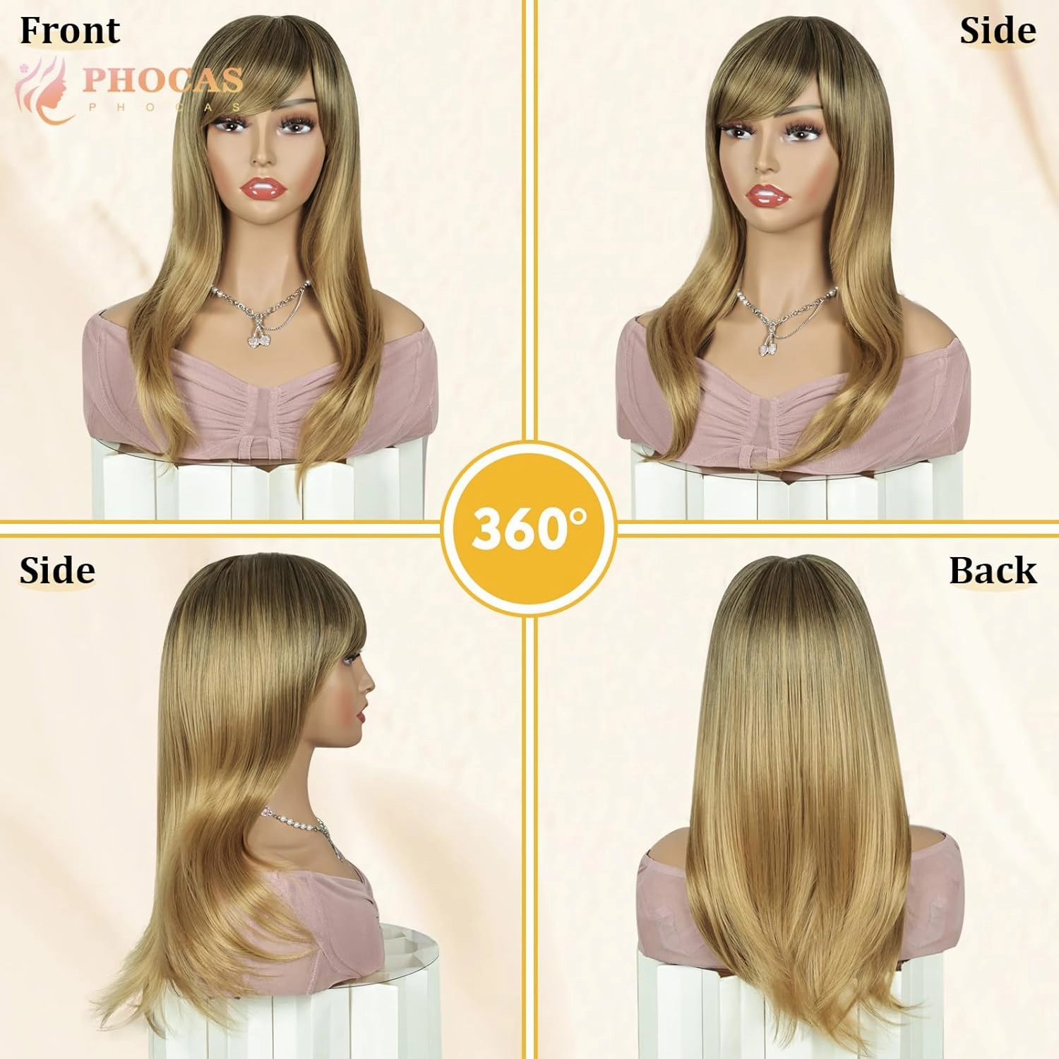 PHOCAS Long Wavy Blonde Wig with Bangs Black Mixed Blonde Long Hair Wigs for Women 20''/50cm