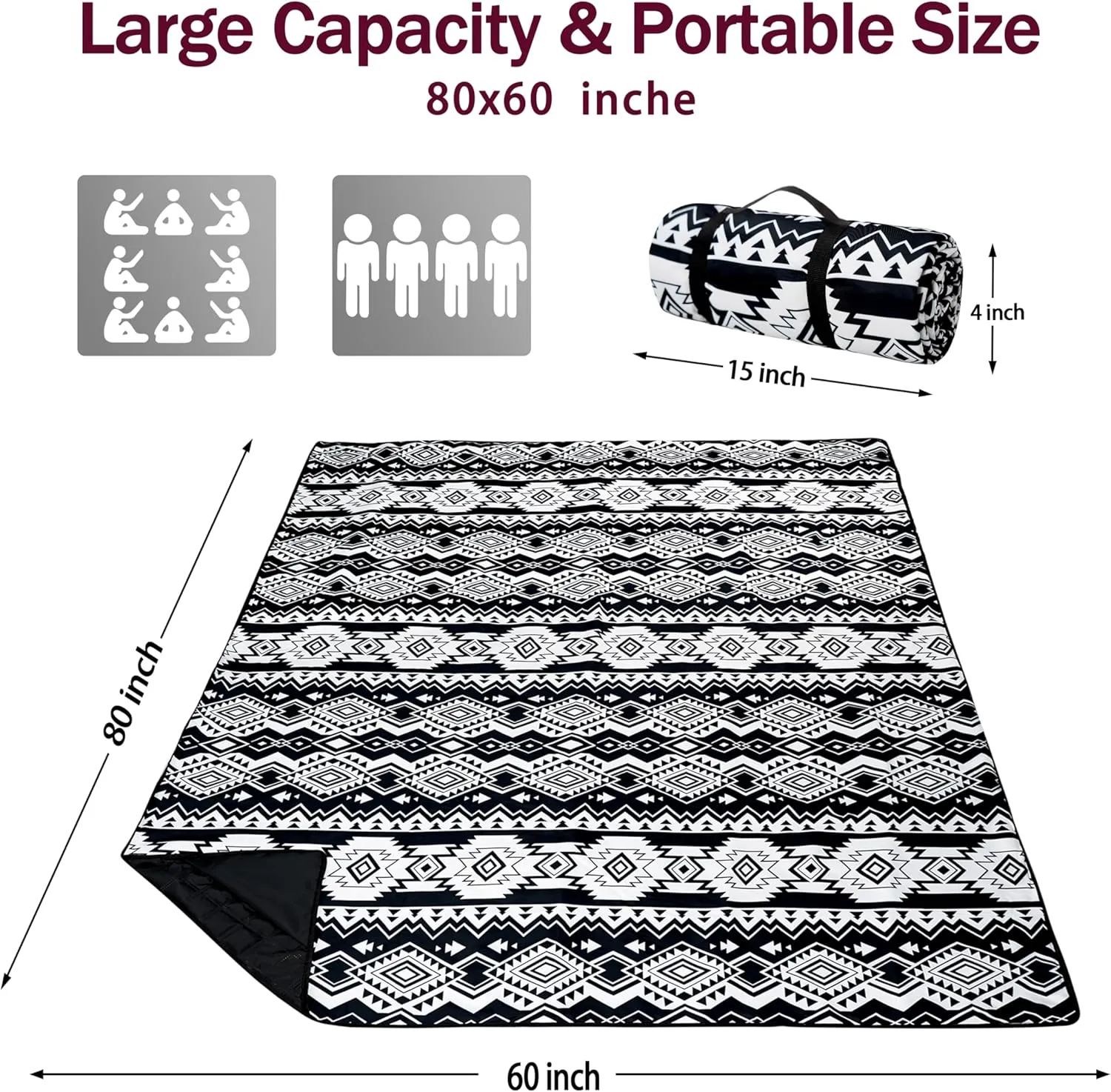 Picnic Blankets Beach Blanket 80" X 60" Extra Large Waterproof Camping Blankets Portable Outdoor Mat 3-Layer Blanket for Beach, Hiking, Park, Music Festival, Grass Lawn,Travel