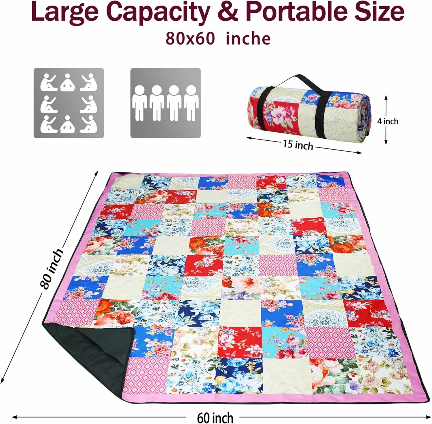 Picnic Blankets Beach Blanket 80" X 60" Extra Large Waterproof Camping Blankets Portable Outdoor Mat 3-Layer Blanket for Beach, Hiking, Park, Music Festival, Grass Lawn,Travel