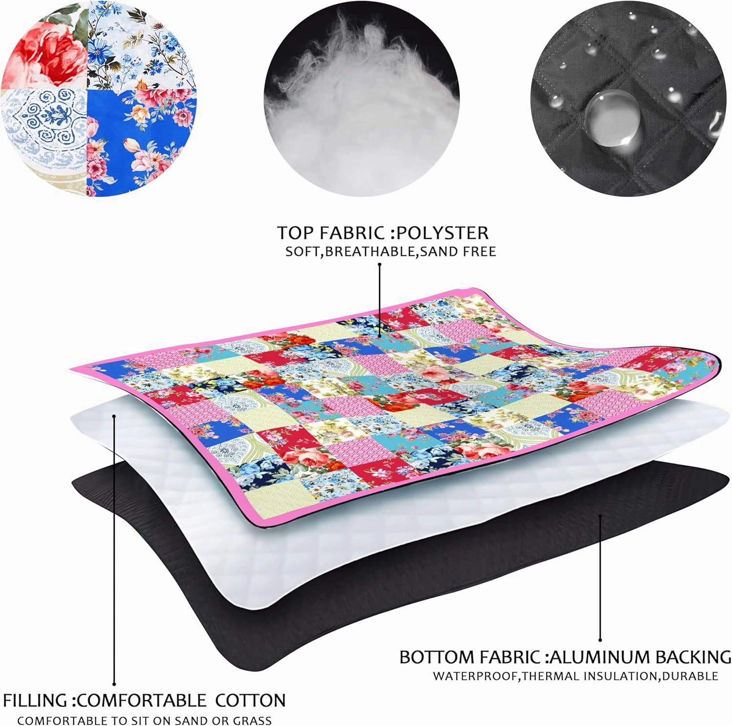 Picnic Blankets Beach Blanket 80" X 60" Extra Large Waterproof Camping Blankets Portable Outdoor Mat 3-Layer Blanket for Beach, Hiking, Park, Music Festival, Grass Lawn,Travel