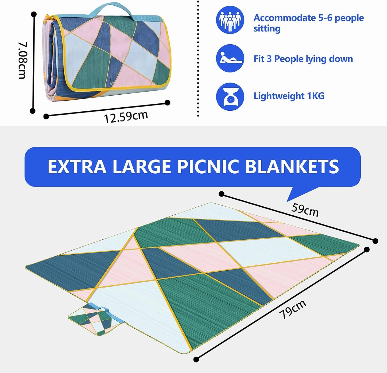 Picnic Blankets Outdoor Blanket, Large Beach Mat Waterproof Foldable Picnic Mat with Carry Strap,Portable Camping Park Blanket for Grass Lawn Hiking Travel Concerts