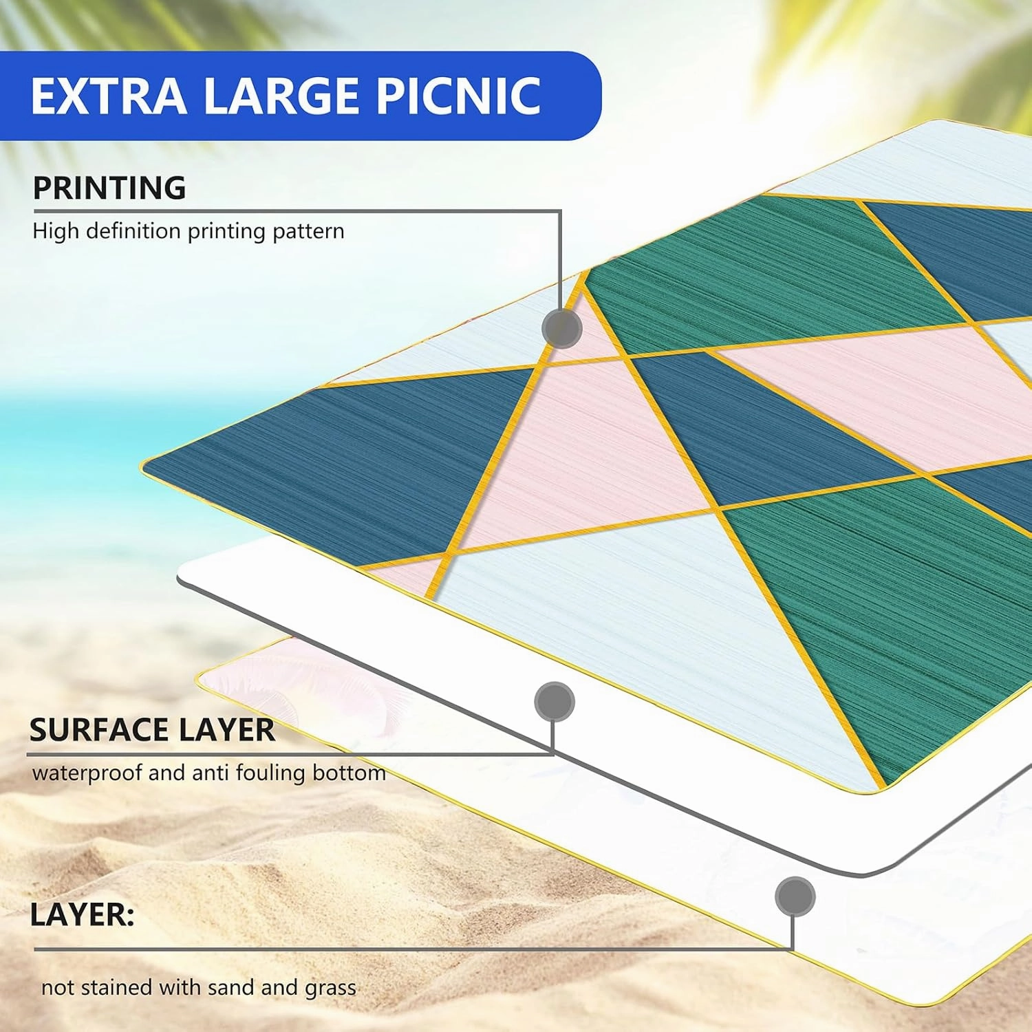 Picnic Blankets Outdoor Blanket, Large Beach Mat Waterproof Foldable Picnic Mat with Carry Strap,Portable Camping Park Blanket for Grass Lawn Hiking Travel Concerts