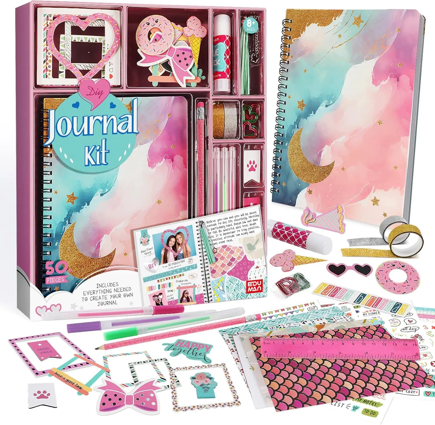 Pink DIY Journal Kit for Girls, Stationery Set, Journal Set for Tween & Teen Girls, Scrapbook & Diary Supplies Set, Journaling Art Crafts Kit Birthday Gifts for 8 9 10 11 12 13 14 Year Old Girl