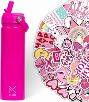 Pink Preppy Water Bottle – 22 oz, Cute Water Bottle for Teen Girls with Stickers