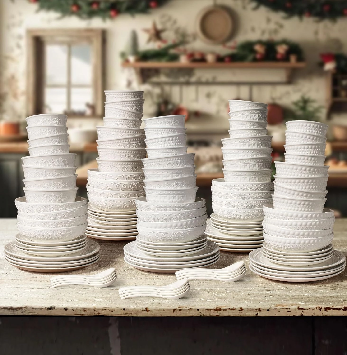 Plates and Bowls Sets - 16 Pieces Ceramic Dinnerware Sets for 4, Embossed White Dish Set Porcelain Kitchen Dishware Sets Dishwasher & Microwave Safe (Auspicious Clouds)