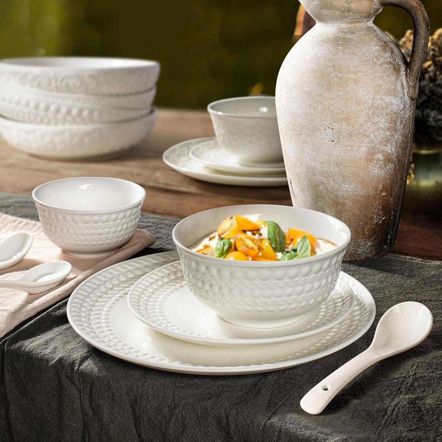 Plates and Bowls Sets - 16 Pieces Ceramic Dinnerware Sets for 4, Embossed White Dish Set Porcelain Kitchen Dishware Sets Dishwasher & Microwave Safe (Auspicious Clouds)