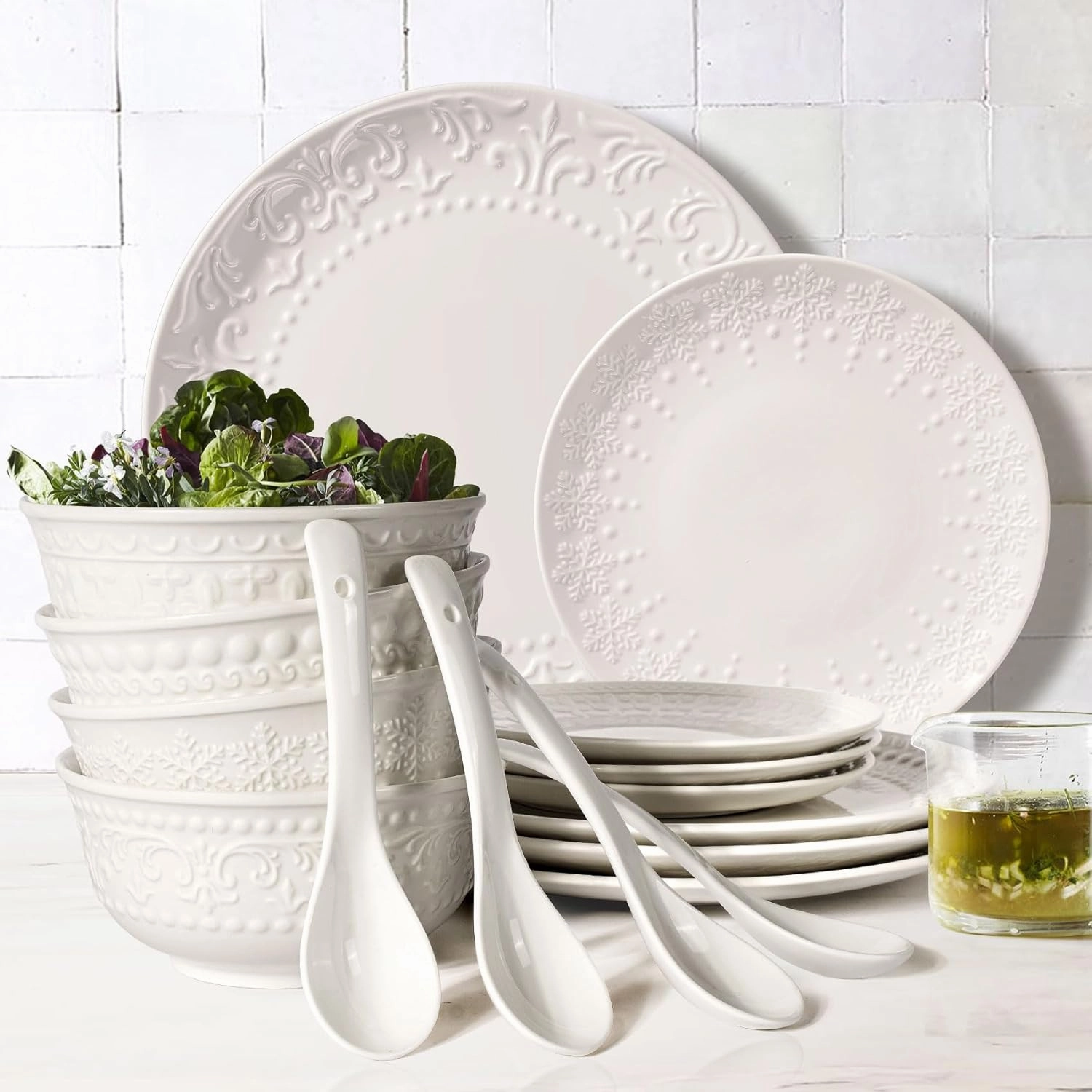 Plates and Bowls Sets - 16 Pieces Ceramic Dinnerware Sets for 4, Embossed White Dish Set Porcelain Kitchen Dishware Sets Dishwasher & Microwave Safe (Auspicious Clouds)