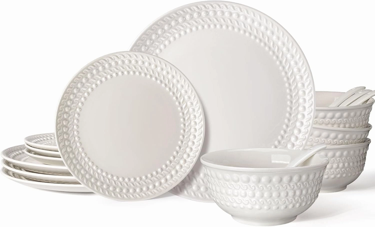 Plates and Bowls Sets - 16 Pieces Ceramic Dinnerware Sets for 4, Embossed White Dish Set Porcelain Kitchen Dishware Sets Dishwasher & Microwave Safe (Auspicious Clouds)