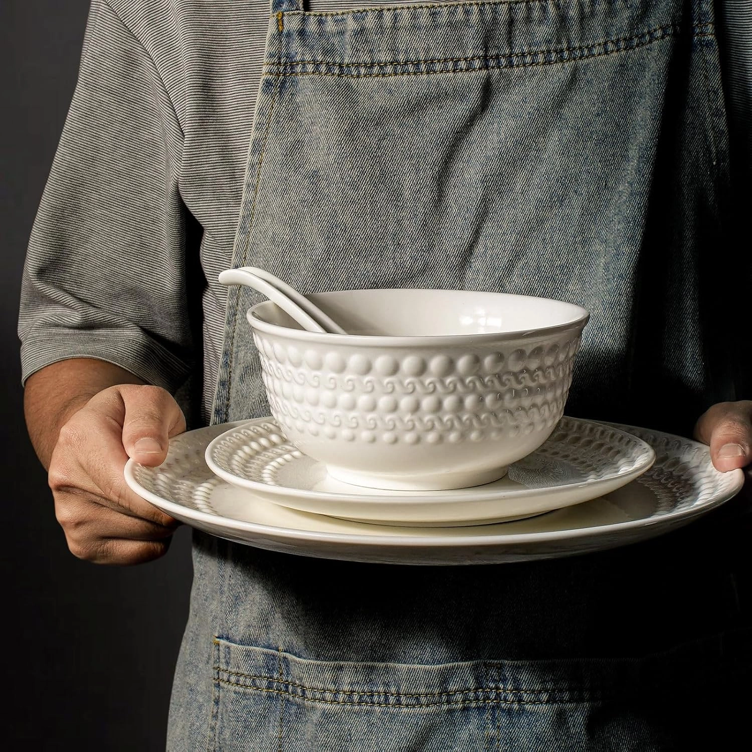 Plates and Bowls Sets - 16 Pieces Ceramic Dinnerware Sets for 4, Embossed White Dish Set Porcelain Kitchen Dishware Sets Dishwasher & Microwave Safe (Auspicious Clouds)