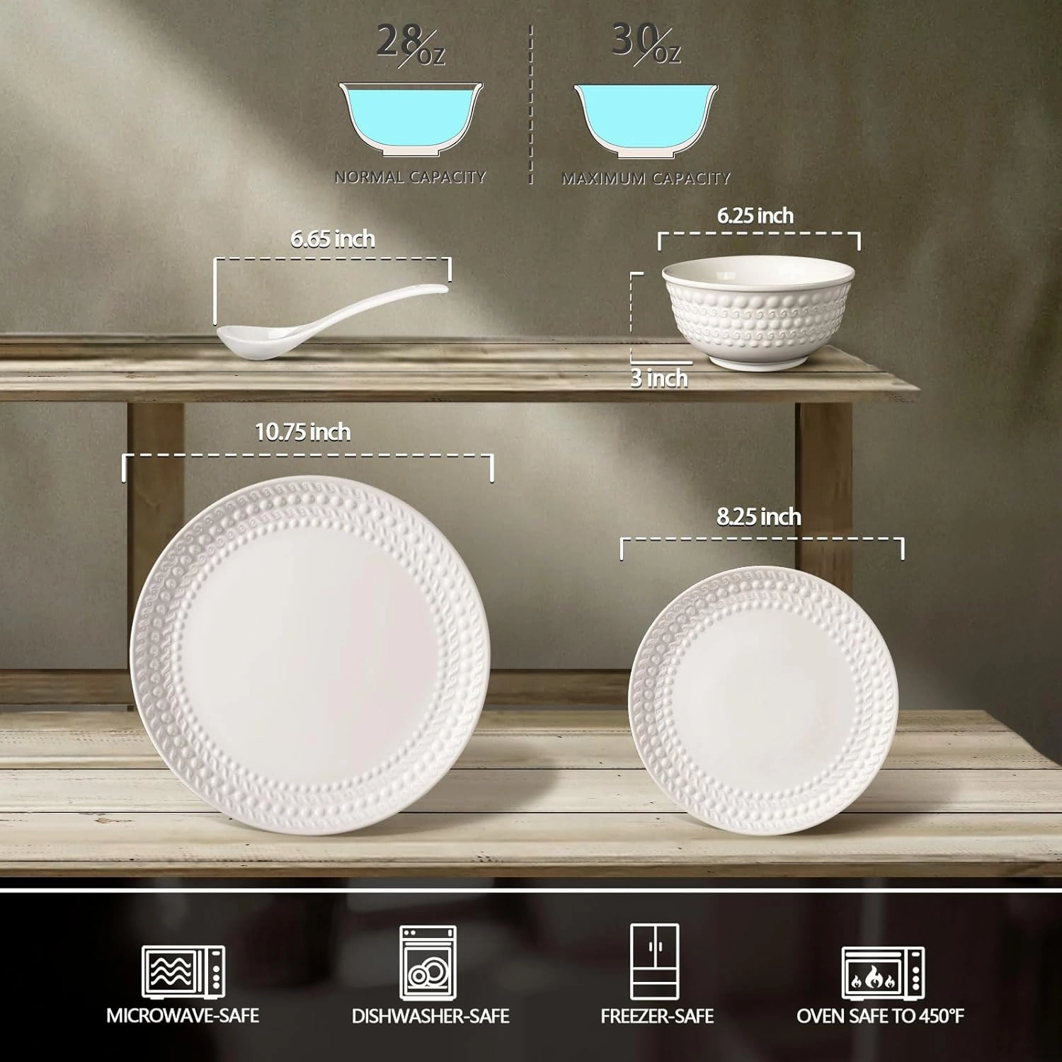Plates and Bowls Sets - 16 Pieces Ceramic Dinnerware Sets for 4, Embossed White Dish Set Porcelain Kitchen Dishware Sets Dishwasher & Microwave Safe (Auspicious Clouds)