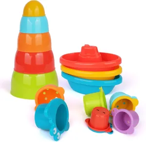 Playkidz Bath Toys Bundle Set - Little Boat Train, Stacking Bowls and Croc Cups for Toddlers- Pack of 16 Stackable Plastic Kids Tugboats and Cute Cups for Bathtub & More Ages 12m 