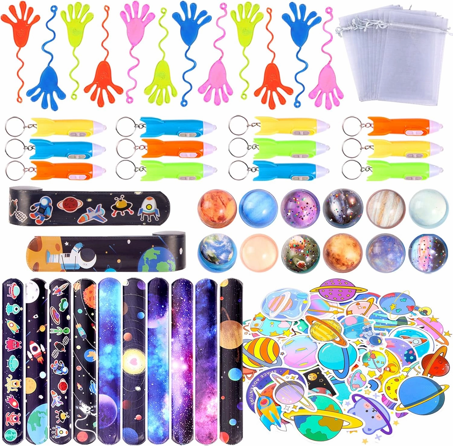 Pllieay 110pcs Outer Space Party Bag Fillers for Kids, Space Bouncy Balls Sticky Hands Slap Bracelets Space Toys for Kids Birthday Christmas Gift Goodie Bag Fillers Pinata Stuffers Classroom Prizes