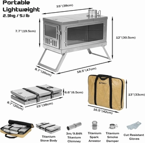 POMOLY Timber Ultralight Titanium Tent Stove With Fireproof Mat Visible at Night