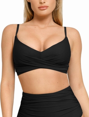 Popilush Bikini Top for Women - Twist Front V Neck Push Up Padded Swim Top with Adjustable Straps - Bathing Suit Top