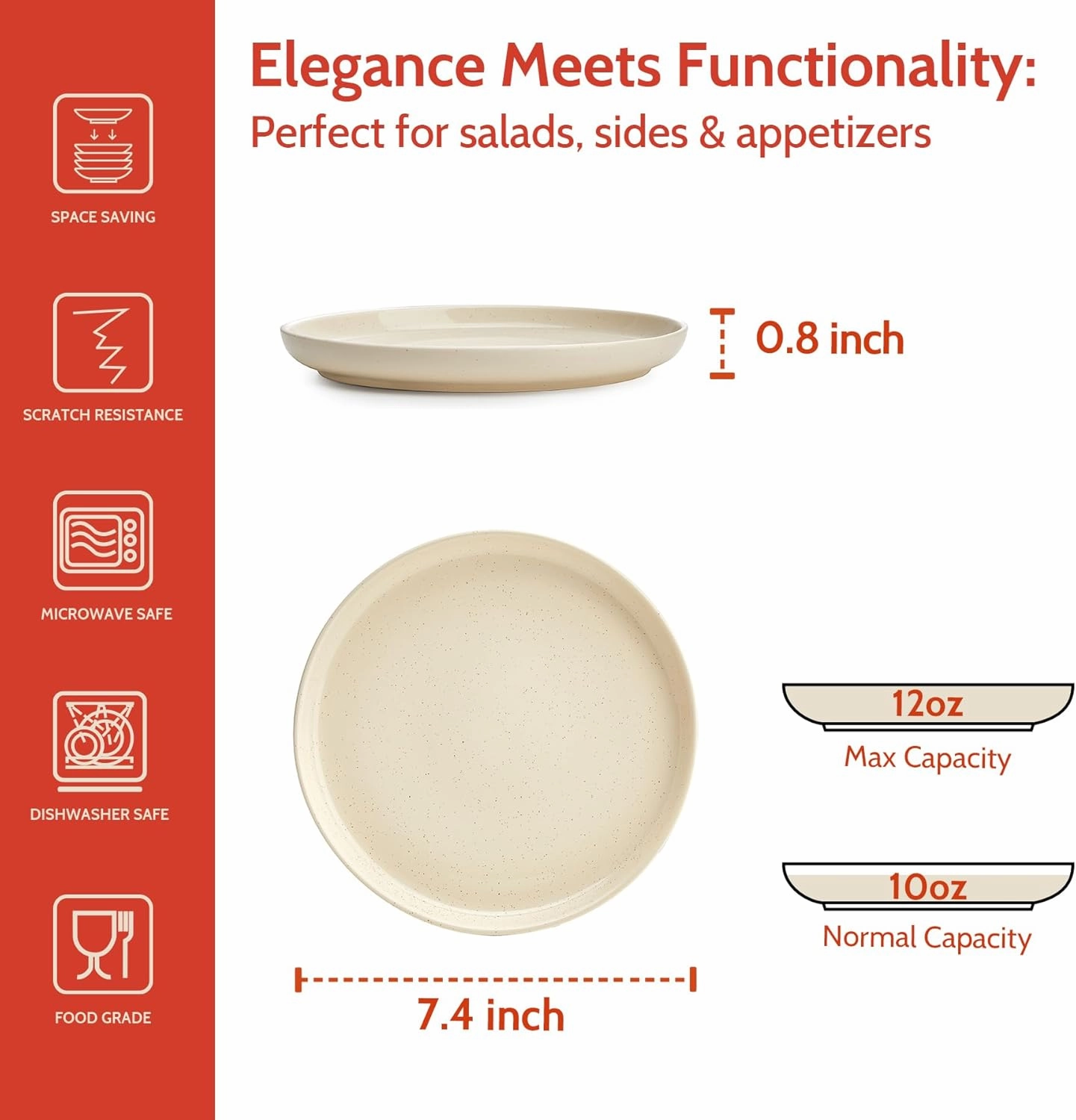 Porcelain 7.4 Inch Dessert Plates Set of 6 - Salad Modern Appetizer Plates - Dishwasher, Microwave, Oven Safe, Smooth Glaze, Scratch Resistant, Beige