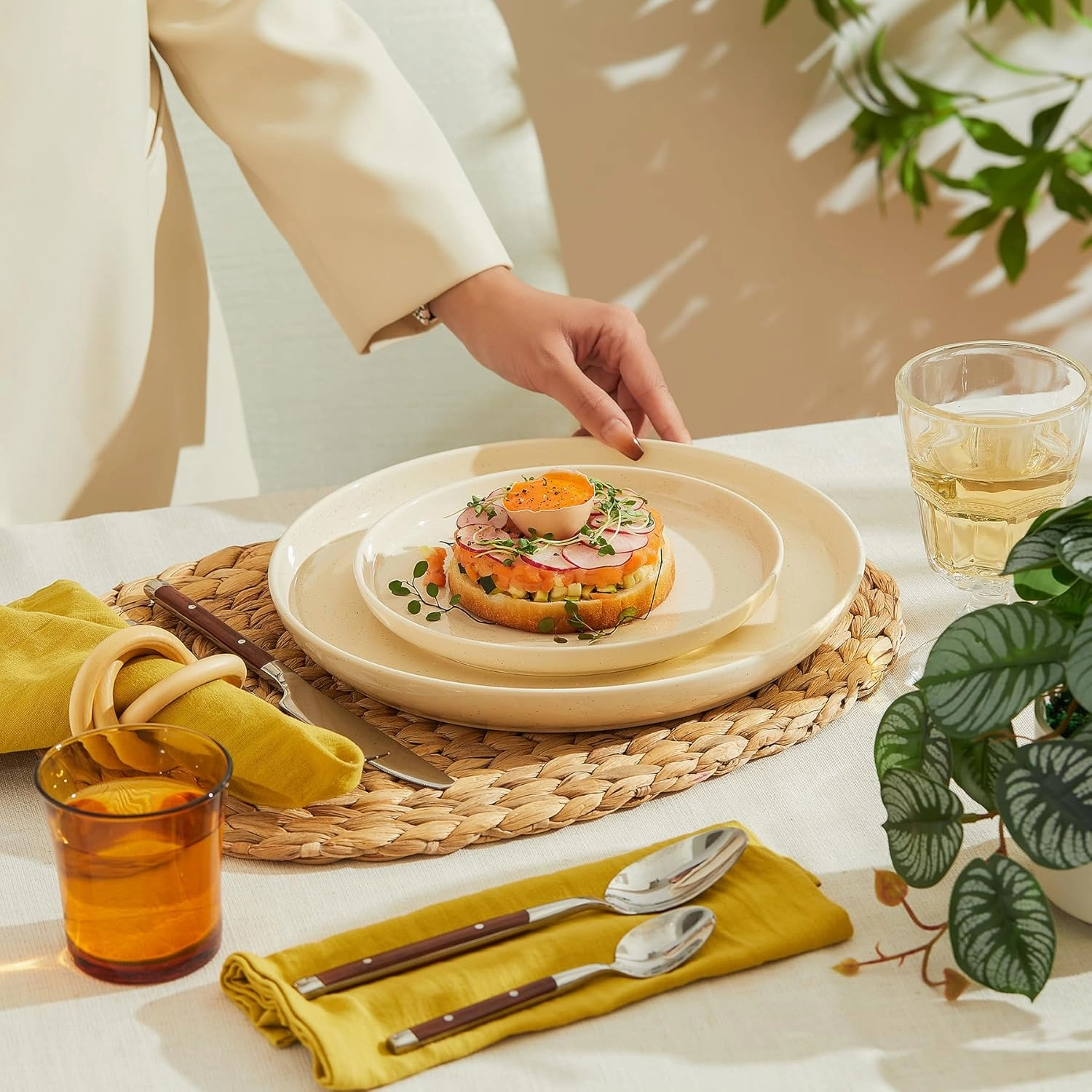 Porcelain 7.4 Inch Dessert Plates Set of 6 - Salad Modern Appetizer Plates - Dishwasher, Microwave, Oven Safe, Smooth Glaze, Scratch Resistant, Beige