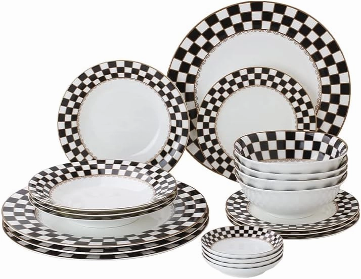 Porlien Checker Pattern 20-piece Round Dinnerware Set for 4, Porcelain Dinner Sets