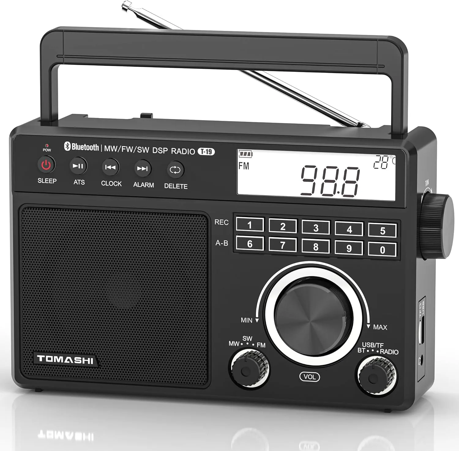 Portable Shortwave MW FM Radio with Bluetooth, ATS Tuning, Clock & Alarm, Recording, MP3/WMA Playback via USB/SD Card, Battery Operated Radio with LCD Display