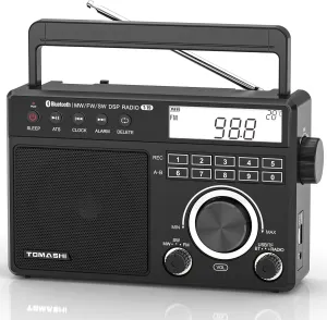 Portable Shortwave MW FM Radio with Bluetooth, ATS Tuning, Clock & Alarm, Recording, MP3/WMA Playback via USB/SD Card, Battery Operated Radio with LCD Display