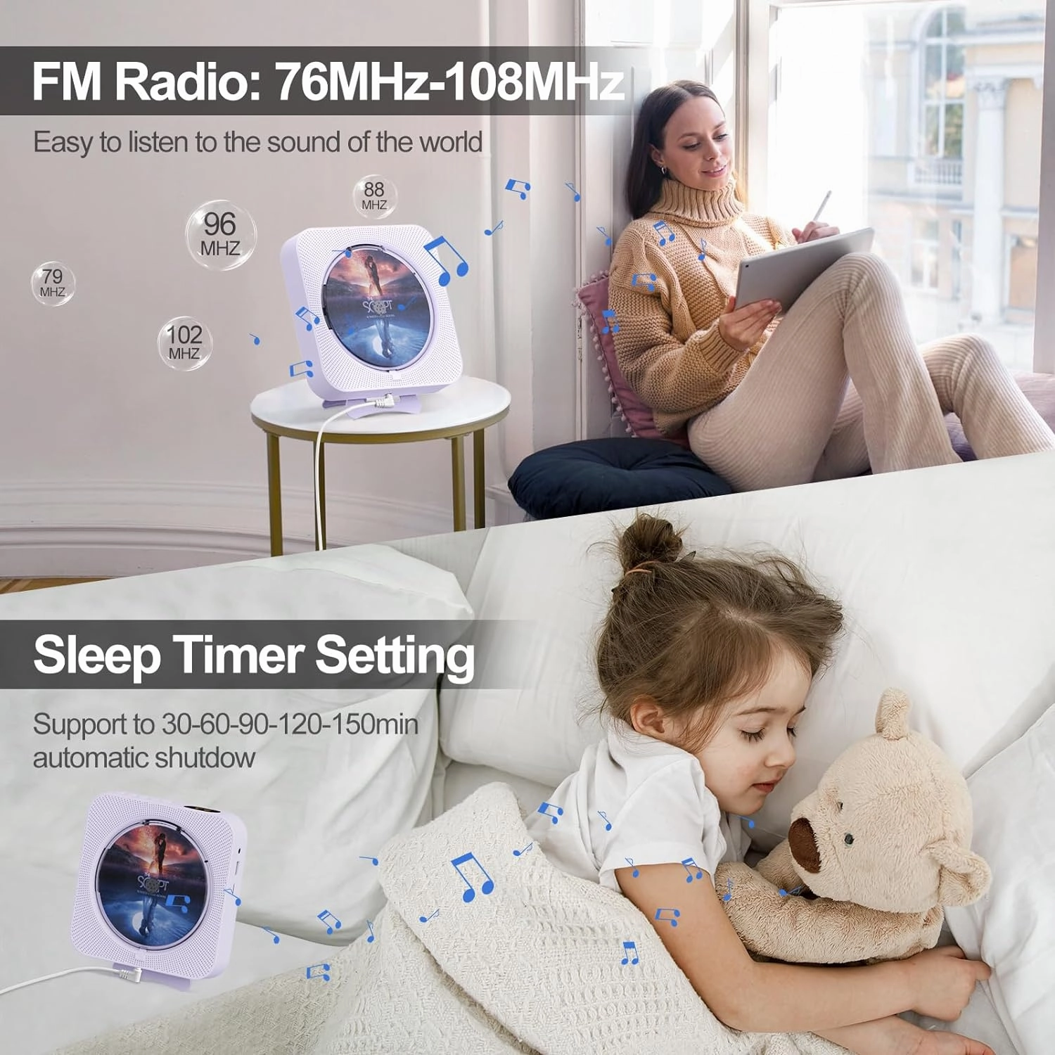 Portable CD Player with Bluetooth Desktop CD Player for Home CD Music Players with Remote Control,Timer,Built-in Dual Speakers with LED Display Home Audio Boombox FM Radio (Purple)