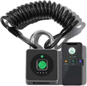 Pothunder Fingerprint Padlock, Fingerprint Lock with APP, Padlock with Steel Cable Keyless Biometric, Smart Padlock Waterproof Suitable for Gym, Locker, Helmet, Gate, Fence, Luggage, YL-P6BF