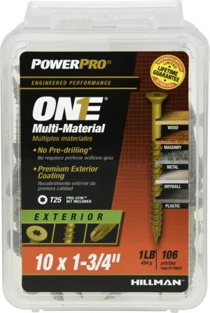 Power Pro Premium One Multi-Material Flat Head Screws, Epoxy Coated Steel, Fasten in Wood, Metal, Concrete, Drywall and Plastic, Bronze, #10 x 1-¾ inches, Box of 106 Screws