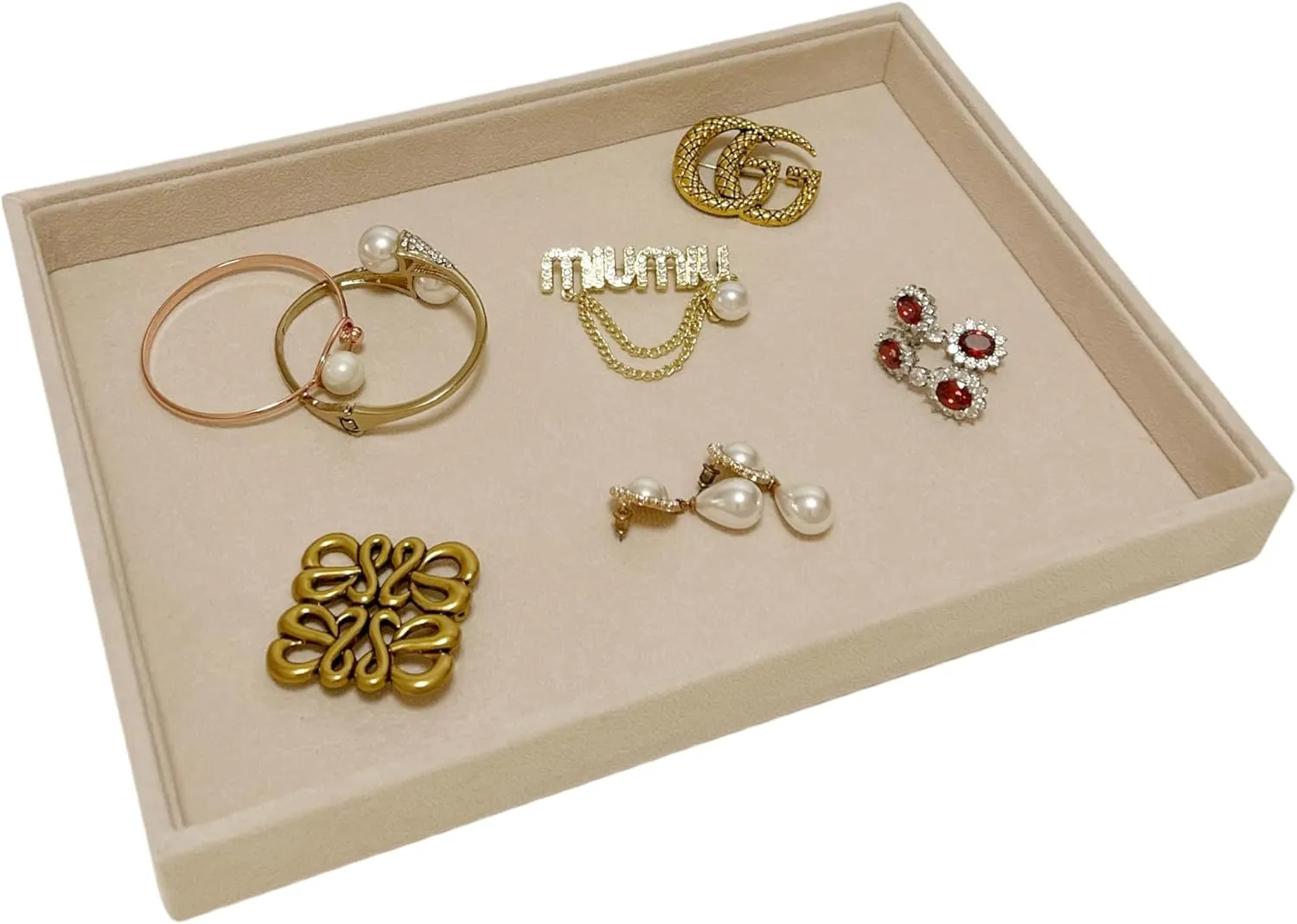 Premium Grade Multi Function Beige Velvet Jewelry Collection Accessaries Organization Tray Display Show Tray Home Store Drawer Divider Insert Closet Organizer