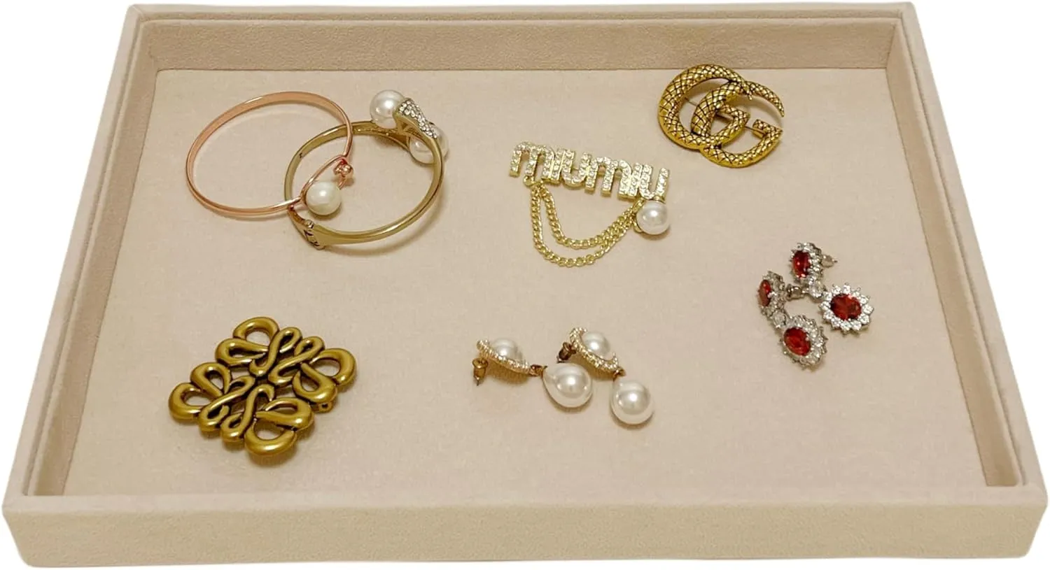 Premium Grade Multi Function Beige Velvet Jewelry Collection Accessaries Organization Tray Display Show Tray Home Store Drawer Divider Insert Closet Organizer