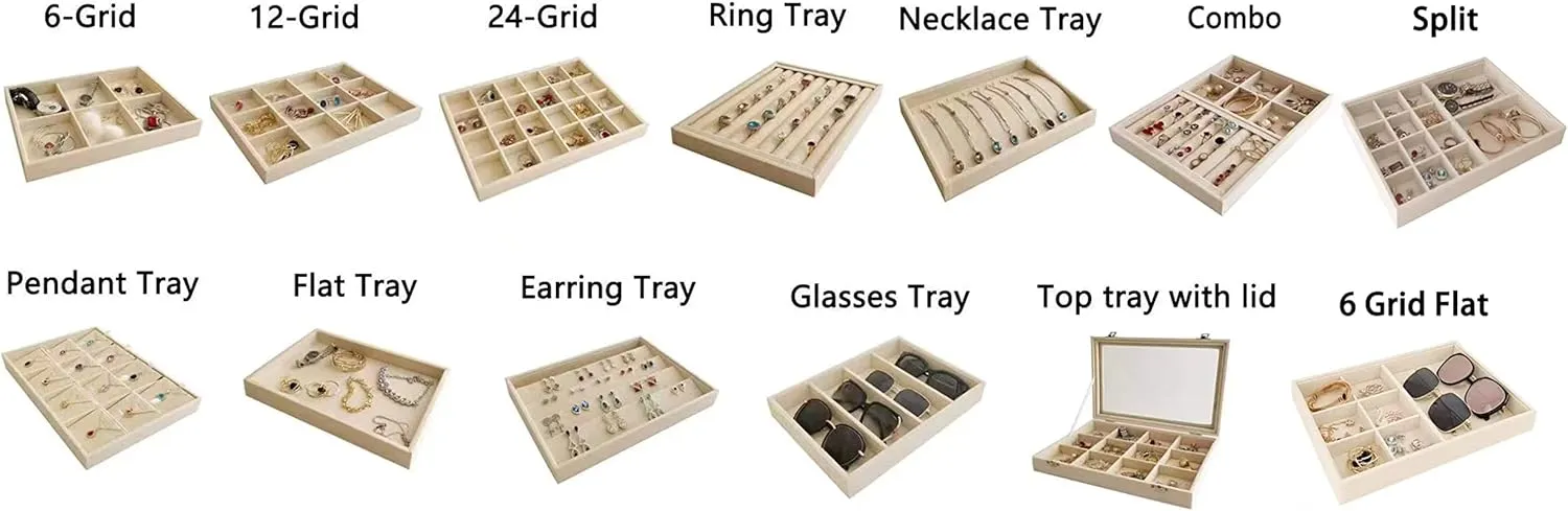Premium Grade Multi Function Beige Velvet Jewelry Collection Accessaries Organization Tray Display Show Tray Home Store Drawer Divider Insert Closet Organizer