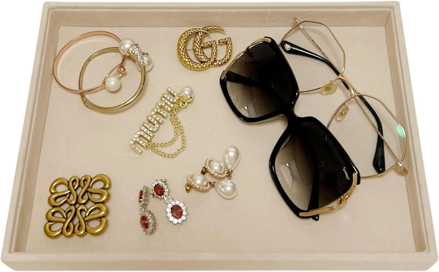 Premium Grade Multi Function Beige Velvet Jewelry Collection Accessaries Organization Tray Display Show Tray Home Store Drawer Divider Insert Closet Organizer