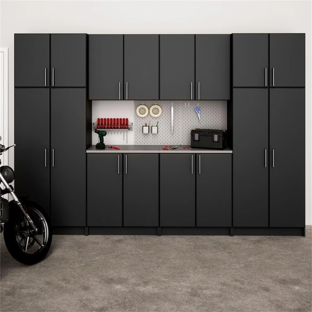 Prepac Elite Functional 8-Piece Garage Cabinets and Storage System Set G, Simplistic Garage Closet Shop Cabinets 16" D x 128" W x 89" H, Black, BRSX-1016-8M