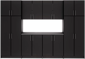Prepac Elite Functional 8-Piece Garage Cabinets and Storage System Set G, Simplistic Garage Closet Shop Cabinets 16" D x 128" W x 89" H, Black, BRSX-1016-8M