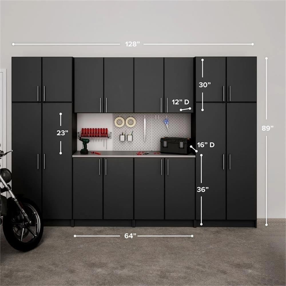 Prepac Elite Functional 8-Piece Garage Cabinets and Storage System Set G, Simplistic Garage Closet Shop Cabinets 16" D x 128" W x 89" H, Black, BRSX-1016-8M