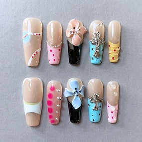 Press On Nails - Luxury Medium Almond 3D False Nails Women Reusable ABS Material Finger Printed Nail Tip French Salon Design Artificial Fingernail S size