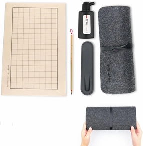 Professional Chinese Calligraphy Set Small Regular, Extra fine Calligraphy Brush, Weasel Hair Chinese Brush, Light-Glue Ink, Paper, Inkstone with Portable Roll-up Felt Mat (5pcs Set)