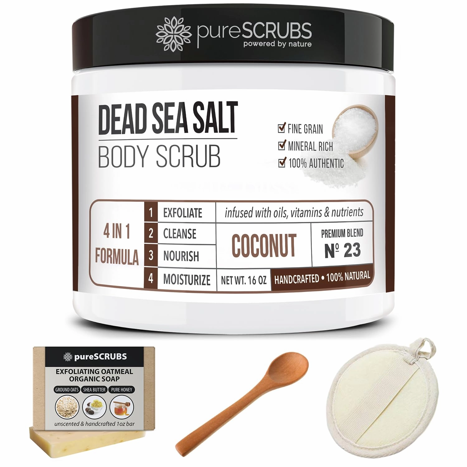 pureSCRUBS Premium Coconut Body Scrub Set - Large 16oz Dead Sea Salt Body Scrub With Infused Essential Oils & Nutrients, Includes Wooden Spoon, Loofah & Oatmeal Exfoliating Bar Soap