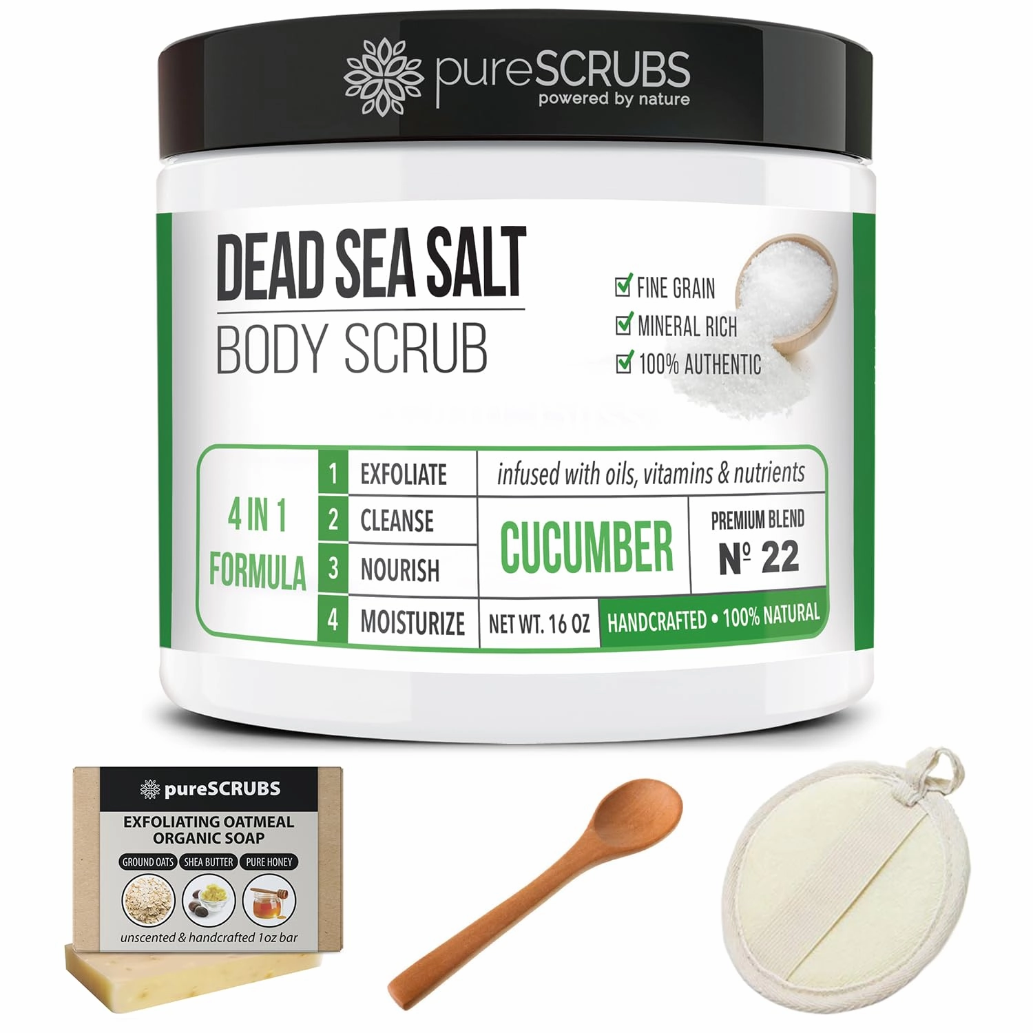 pureSCRUBS Premium Cucumber Body Scrub Set - Large 16oz Dead Sea Salt Body Scrub for Women Exfoliation KP Bump Eraser Body Scrub Includes Wooden Spoon, Loofah & Soap