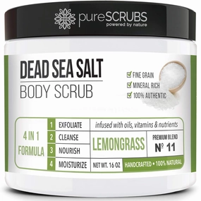 pureSCRUBS Premium Lemongrass Dead Sea Salt Body Exfoliator Scrub, Full Exfoliating Body Scrubber - Large 16oz Jar, Filled With Essential Oils, Includes Spoon, Loofah & Exfoliating Skin Soap
