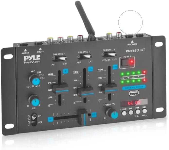 Pyle Wireless DJ Audio Mixer - 3 Channel Bluetooth Compatible DJ Controller Sound Mixer, Mic-Talkover, USB Reader, Dual RCA Phono/Line In, Microphone Input, Headphone Jack, Black - PMX8BU