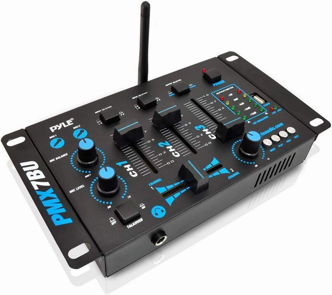 Pyle, 3 Wireless Audio Machine-3 Channel Bluetooth Compatible DJ Controller Sound Mixer System with Mic-Talkover, USB Reader, Dual RCA Phono/Line in, Microphone Input, Headphone Jack PMX7BU