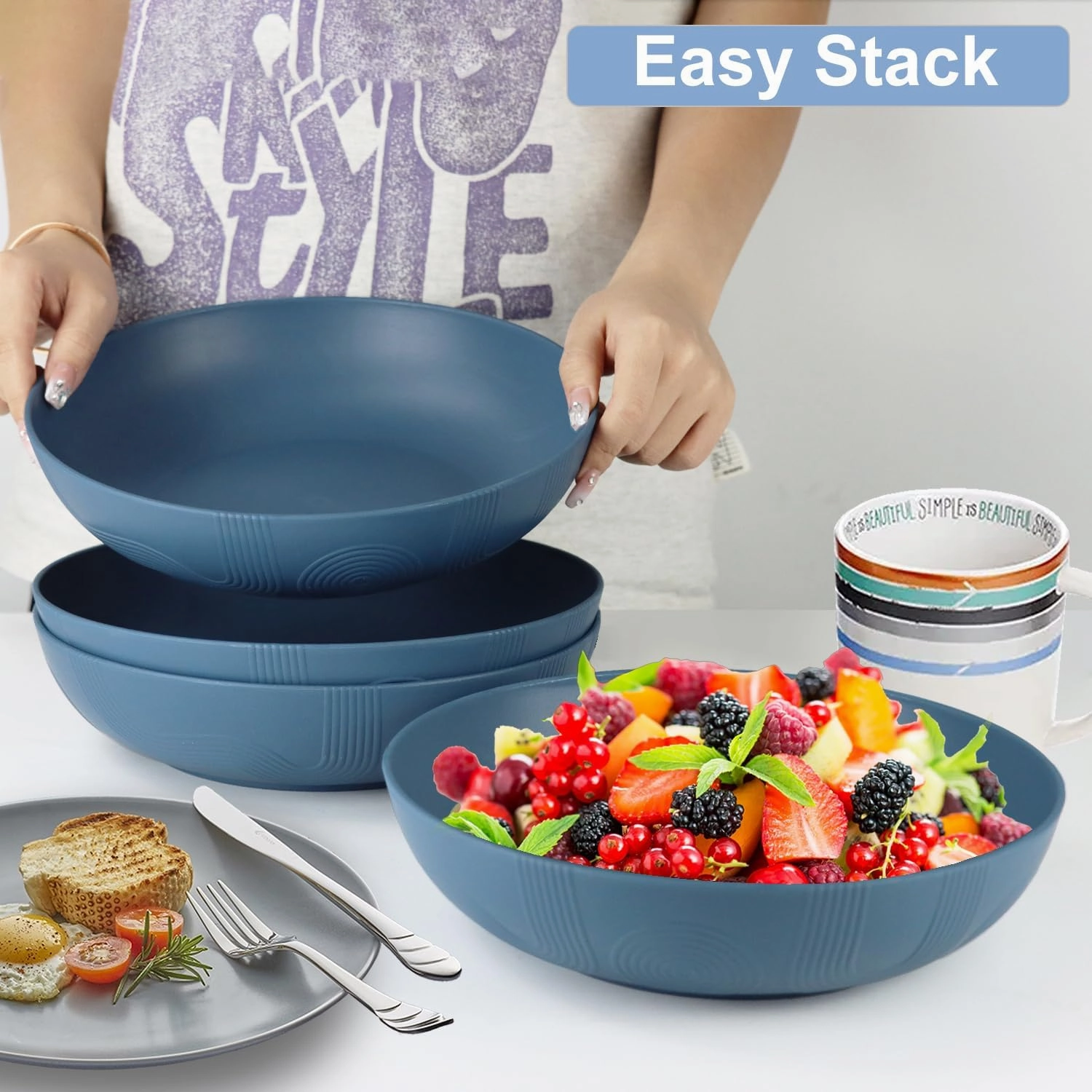 PYRMONT 10inches Large Pasta Bowls Set of 6-65oz Wheat Straw Bowls,Bowl Plates,Large Plastic Bowls Reusable for Pasta,Salad,Soup,Unbreakable & Lightweight Bowls for Kitchen,Dishwasher Safe,BPA-Free