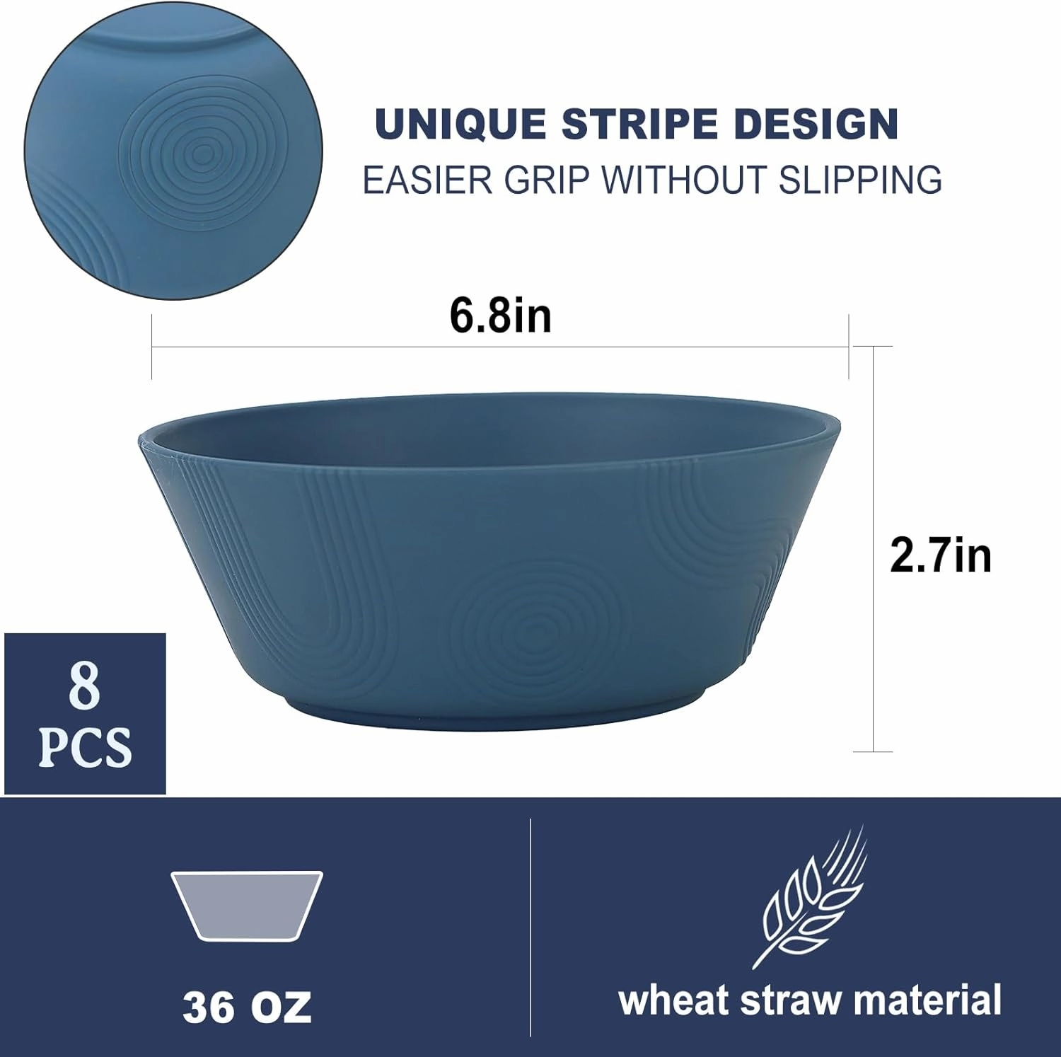 PYRMONT Wheat Straw Bowls 36oz Cereal and Salad Bowl Set of 8 Dishwasher & Microwave Safe Bowls for Kitchen, Plastic Bowls Reusable for Salad, Cereal, Snack, BPA-Free