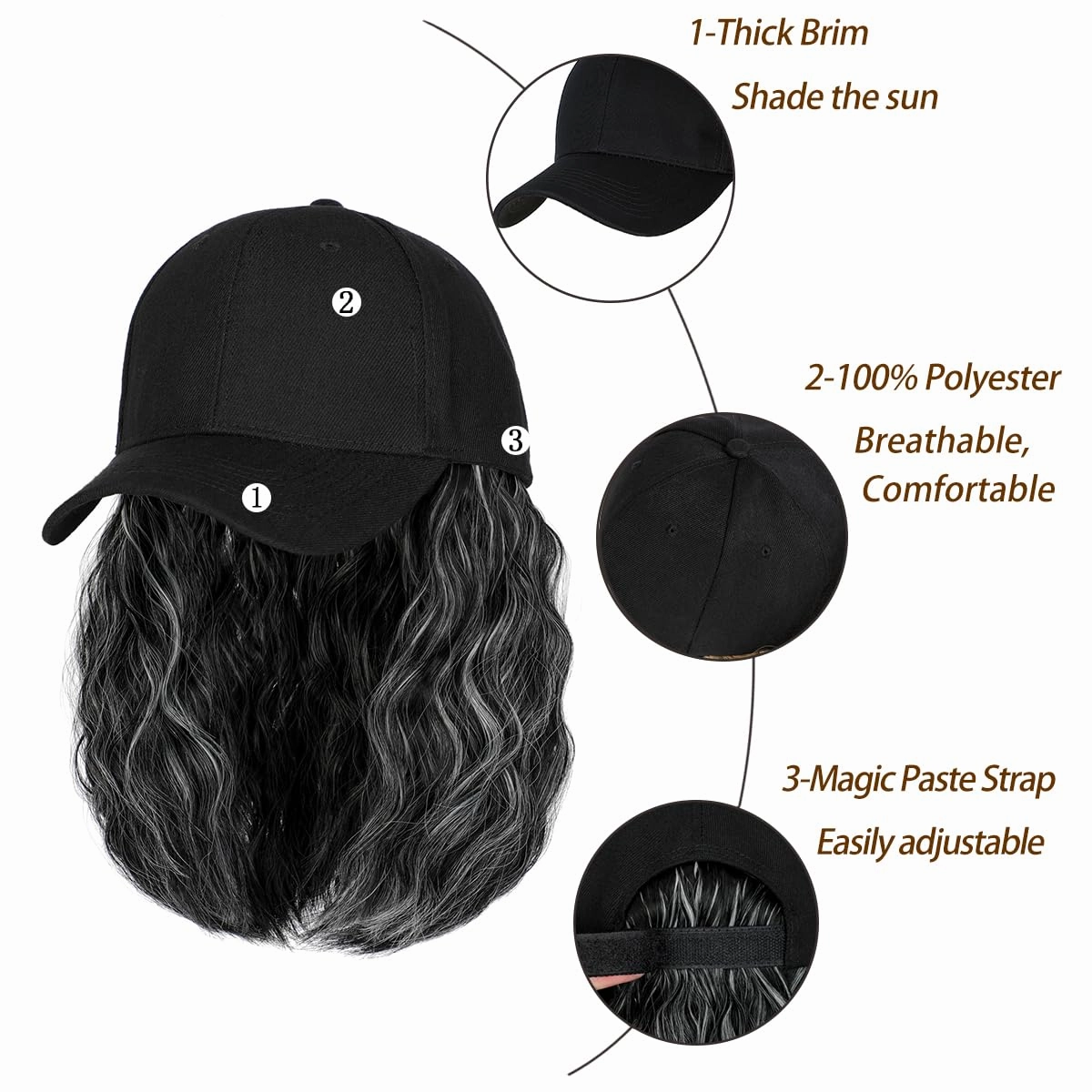 Qlenkay Baseball Cap with Hair Extensions 14inch Wavy Curly Bob Hairstyle Adjustable Wig Hat Attached Synthetic Hairpiece for Woman Dark Black Mix Sliver Gray