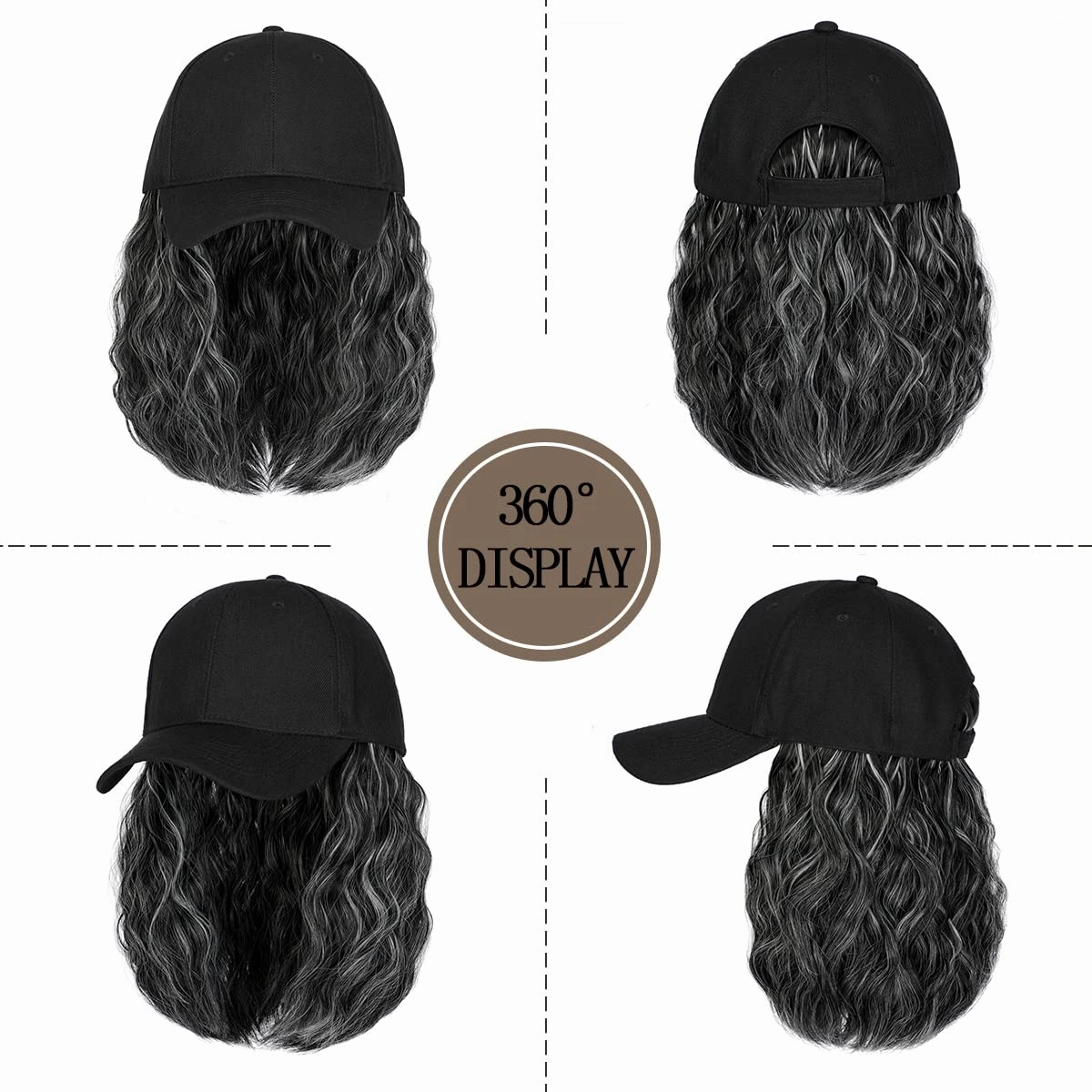 Qlenkay Baseball Cap with Hair Extensions 14inch Wavy Curly Bob Hairstyle Adjustable Wig Hat Attached Synthetic Hairpiece for Woman Dark Black Mix Sliver Gray