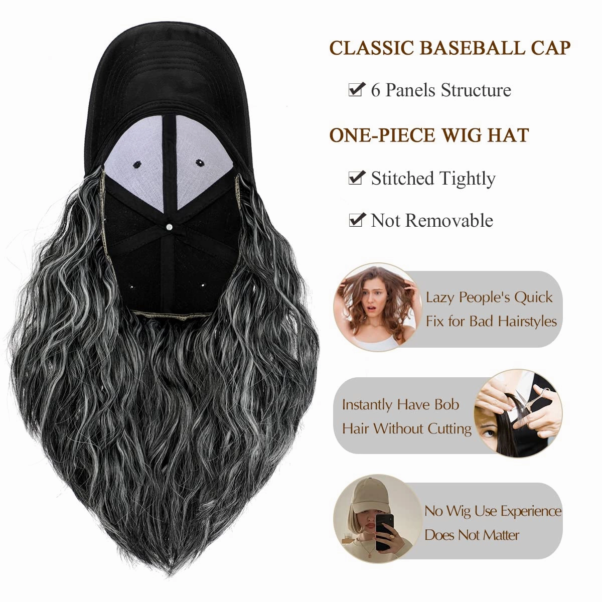 Qlenkay Baseball Cap with Hair Extensions 14inch Wavy Curly Bob Hairstyle Adjustable Wig Hat Attached Synthetic Hairpiece for Woman Dark Black Mix Sliver Gray