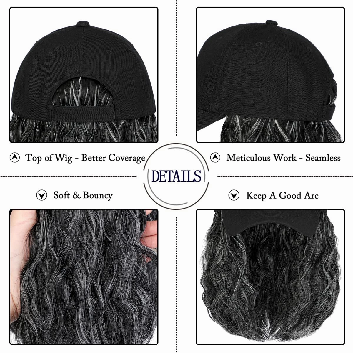 Qlenkay Baseball Cap with Hair Extensions 14inch Wavy Curly Bob Hairstyle Adjustable Wig Hat Attached Synthetic Hairpiece for Woman Dark Black Mix Sliver Gray