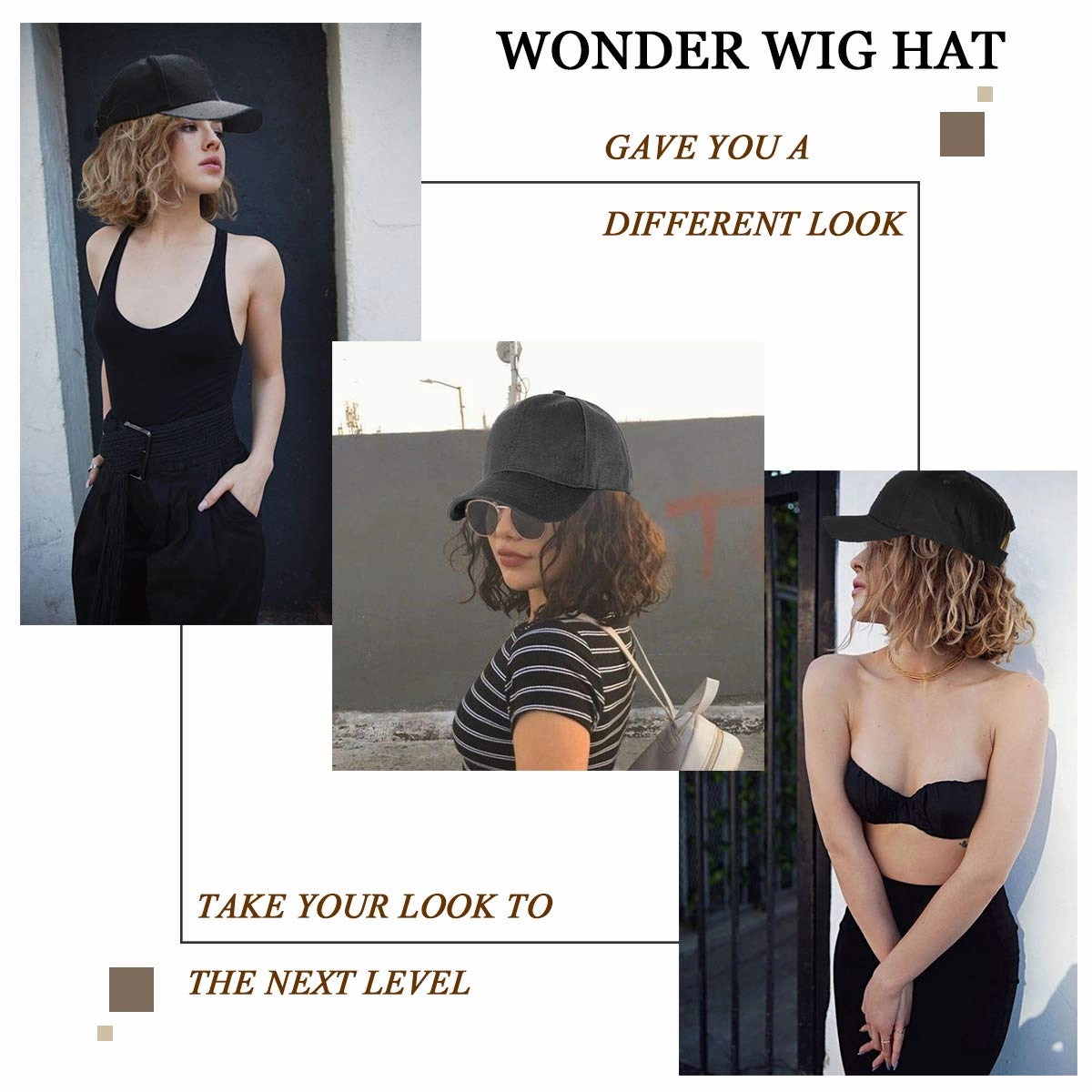 Qlenkay Baseball Cap with Hair Extensions 14inch Wavy Curly Bob Hairstyle Adjustable Wig Hat Attached Synthetic Hairpiece for Woman Dark Black Mix Sliver Gray